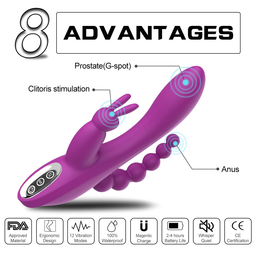 12 Speeds Waterproof Rechargeable Rabbit Vibrator G-spot and P-spot Anal Clit Stimulator